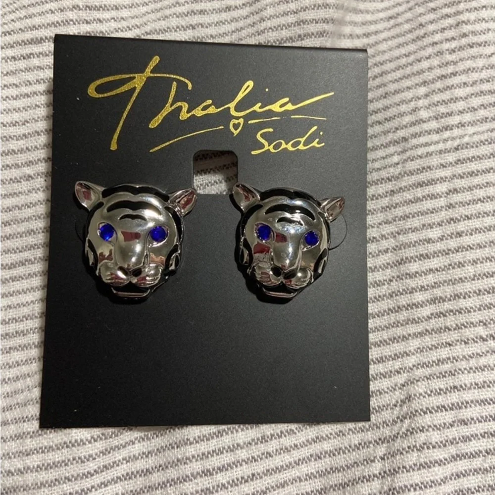 NWT Thalia Sodi Silver Tone Pavé Tiger Head Drop Hoop Earrings